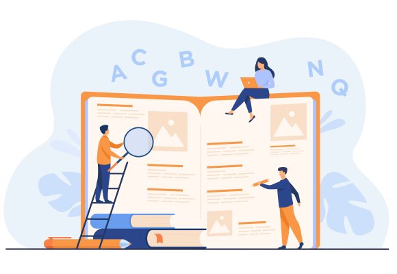 Students learning foreign language with vocabulary. Tiny people reading grammar book. Flat vector illustration for abc book, literature class, knowledge concept